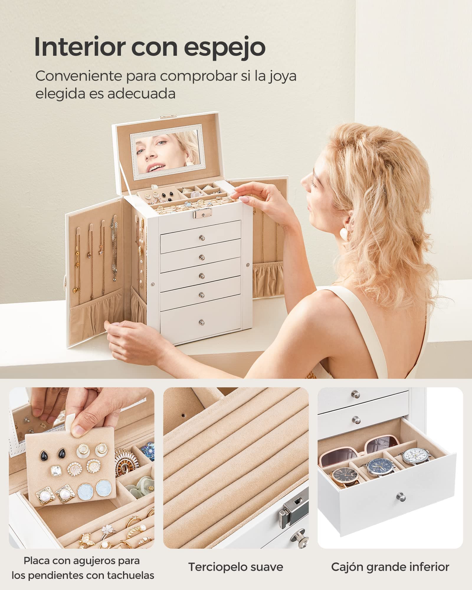 SONGMICS Caja para Joyas de 6 Niveles, Caja Joyero con 5 Cajones, Espejo, Cerradura, Superficie Blanco Nube y Forro Beige Arena MJBC152W01 thumbnail 7
