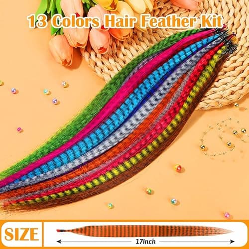65 Pcs Hair Feathers with Hair Extension Tools, 13 Colors Long Straight Synthetic Hair Feather Extensions Kit with Microlink Beads for Women Girls Kids Daily Parties Festival thumbnail 4