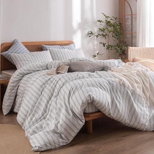 BESTOUCH Duvet Cover Set 100% Washed Cotton Linen Feel Super Soft Comfortable Chic Lightweight 3 PCs Home Bedding Set White & Cornflower Blue Stripes Queen thumbnail 4