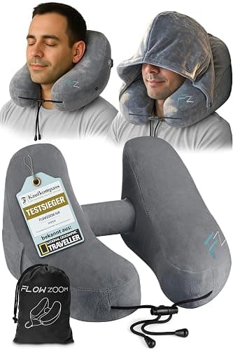 FLOWZOOM AIR Aufblasbares Nackenkissen mit Haube, Grau, L | H-Form, 5 Schlafpositionen, Verstellbare Festigkeit, Waschbarer Bezug, Ohrstöpsel, 260 g leicht - Image 1