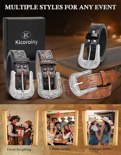 Kicoroiny Western Belts Vintage Cowgirl Cowboy Country Belt for Woman Men Gifts, Carved Buckle-Belts for Jeans Pants Dresses thumbnail 7
