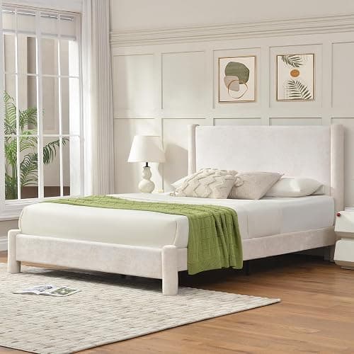 VELOCAVA Queen Size Upholstered Platform Bed Frame with Soft Rounded Corners, 44.88" Tall Headboard, Luxury Plush Velvet Upholstery, 11 Slats & 5 Center Legs, No Box Spring Needed, Cream White thumbnail 7