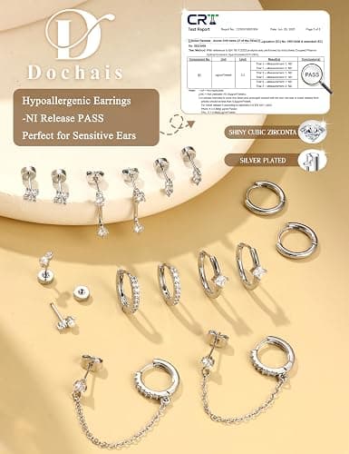 Dochais Hypoallergenic Flatback Stud Hoop 14K Gold Plated Earrings Stacks - Surgical Stainless Steel Earring Set Chain Cartilage Earrings - Small Ear Piercing Flat Back Earring for Women Trendy thumbnail 5
