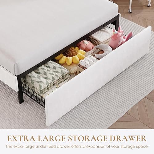 SHA CERLIN Upholstered Queen Size Bed Frame with LED Lights and Large Storage Drawer, Velvet Platform Bed with Adjustable Wavy Headboard, Noise Free, Easy Assembly, No Box Spring Needed, Soft White thumbnail 4