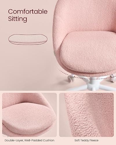 VASAGLE Vanity Chair with Lumbar Support, Adjustable Swivel Armless Desk Chair, Teddy Fleece, Compact for Small Spaces, Bedroom, Jelly Pink UOBG020R93 thumbnail 6