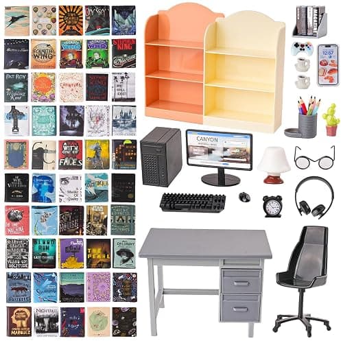 1:12 Scale Mini Office Desk Set Including Mini Computers Desks Computer Accessories Storage Racks Books Desk Lamps Glasses Headphones Mobile Game Controllers Etc Suitable For Displaying Ideal Gifts thumbnail 4