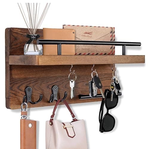 OurWarm Wall Mounted Key Holder/Hangers for Wall Decorative with 5 Key Hooks, Wooden Mail Rack Organizer with Shelf, Rustic Home Decor for Entryway Mudroom Hallway Office, Brown - Image 1