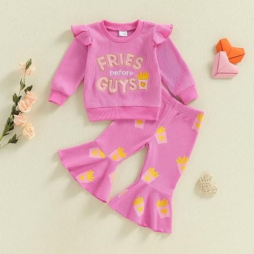 Socutebabe Toddler Baby Girl Valentines Day Outfit Fries Before Guys Sweatshirt Long Sleeve Pullover Flare Pants Cute Clothes thumbnail 2