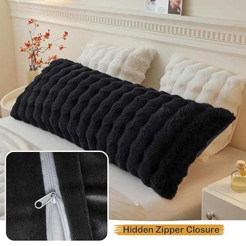 LIFEREVO Fluffy Faux Rabbit Fur Body Pillow Cover, Luxury Bubble Waffle Shaggy Plush Bed Body Pillowcase with Zipper Closure, Long 20"x54" Fuzzy Furry Pillow Case for Adults Kids Girls Teens, Black thumbnail 6