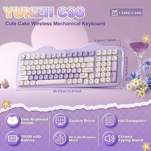 YUNZII C98 Wireless Mechanical Keyboard with Number Pad,99 Key BT5.0/2.4G/USB-C Hot Swap Gasket Mount with PBT MOA Keycaps,Custom RGB,Cute Cake Keyboard for Win/Mac (Purple, Candy Linear Switch) thumbnail 2