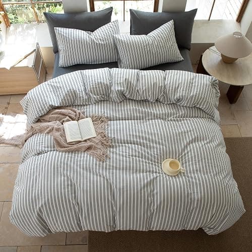 XINMIANFANG Striped Duvet Cover Set Full Size 3 Piece 100% Washed Cotton Linen Feel Bedding Comfy Breathable Modern Farmhouse (Full, Double Stripe-White/Black) thumbnail 6