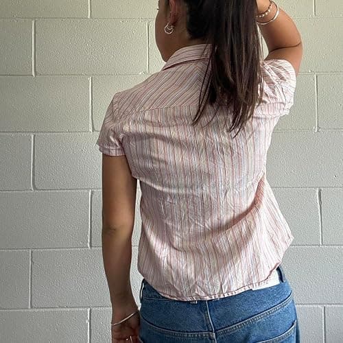 Qiicvs Womens Button Down Shirts Y2k Striped Short Sleeve Tight Blouse Casual V Neck Aesthetics Clothes thumbnail 4