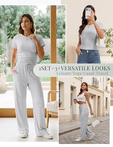 LanGui 2 Piece Sets for Women Summer 2026 Lounge Set Side Ruched Top and Wide Leg Pants for Airport Travel Vacation Outfit thumbnail 7