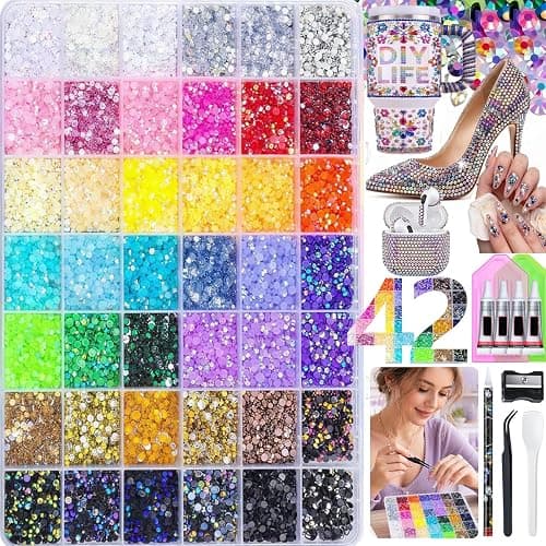 33600Pcs Bedazzling Kit Strasssteine für Nägel, 42Farben 3mm Glitzersteine Bedazzler Kit mit Pinzette & Wachsstift,Flatback Jelly Rhinestones für Nail Art DIY Basteln Nägel Textilien Diamond Painting - Image 1