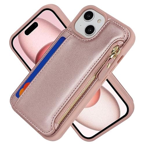 SailorTech iPhone 15 Etui mit Kartenhalter mag Safe, iPhone 15 Hülle mit Reißverschluss Kartenfach Geldbörse für iPhone 15 Handyhülle Lederhülle - Roségold thumbnail 3