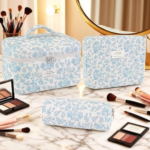 Givurao 3Pcs Cotton Quilted Makeup Bag for Women Girls, Large Floral Cosmetic Bag Set Cute Makeup Brushes Aesthetic Accessories Storage Bag Travel Toiletry Bag Organizer, Little Flower Blue thumbnail 8