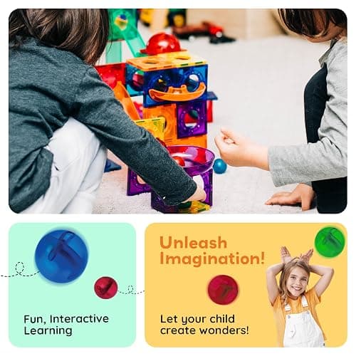 PicassoTiles 100 Piece Marble Run Magnetic Tiles Race Track STEM Ages 3+ | BPA-free ABS plastic, reinforced edges, curved slopes and U-turns, steel balls included, open-ended maze layouts, shared play thumbnail 3