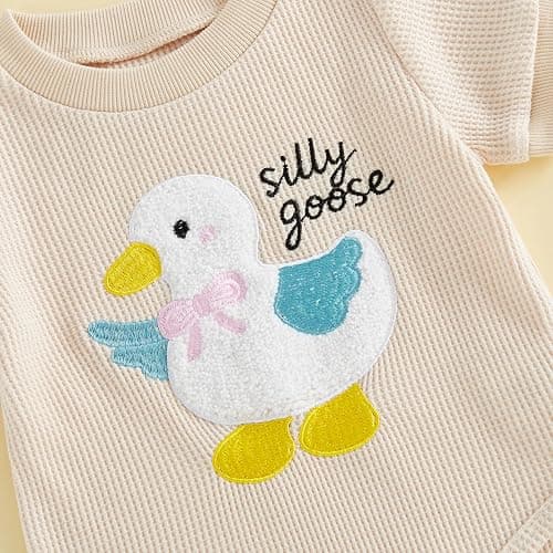 FYBITBO Newborn Baby Girl Summer Shorts Clothes Goose Embroidery Short Sleeve Romper Waffle Shorts Set One Silly Goose Outfit thumbnail 5