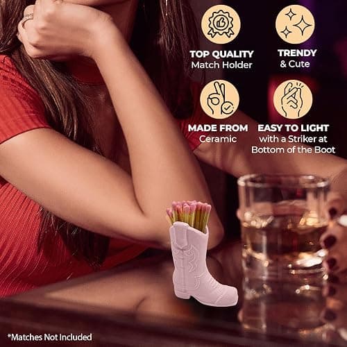 Cowboy Boot Ceramic Match Holder with Built-in Striker - Rustic Western Home Decor - Vintage Farmhouse Aesthetic-Kitchen, Bathroom, Fireplace & Candle Lighting - Unique Gift for Western Lovers (White) - White thumbnail 2