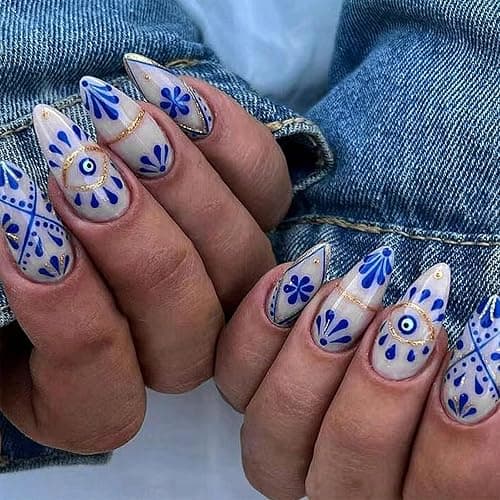 FJSMTOPl Boho Press on Nails Medium Almond Fake Nails Press ons with Designs Blue False Nails Glossy Full Cover Acrylic Glue on Nails Cute Artificial Stick on Nails for Women Manicure 24Pcs, style17 - Image 1