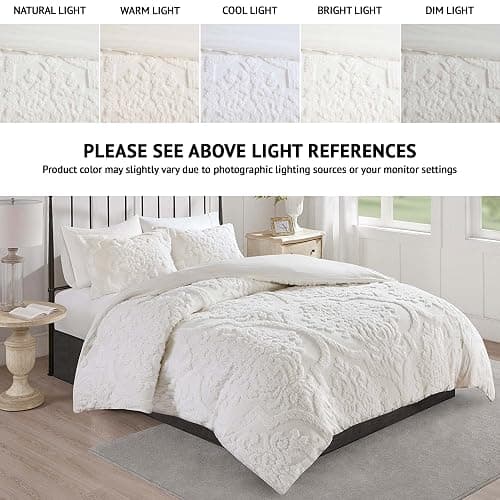 Madison Park Tufted Chenille 100% Cotton Duvet- Modern Luxe All Season Comforter Cover Bed Set with Matching Shams, King/Cal King(104"x92"), Damask Off White 3 Piece thumbnail 2