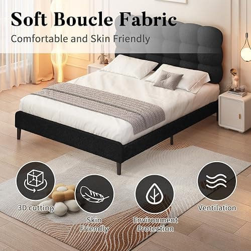 BarnFurin Queen Bed Frame, Platform Bed with Soft Boucle Upholstered Headboard, Two Bed Forms Design, Wooden Slats Support, No Boxing Spring Needed, Easy Assembly, Black thumbnail 3