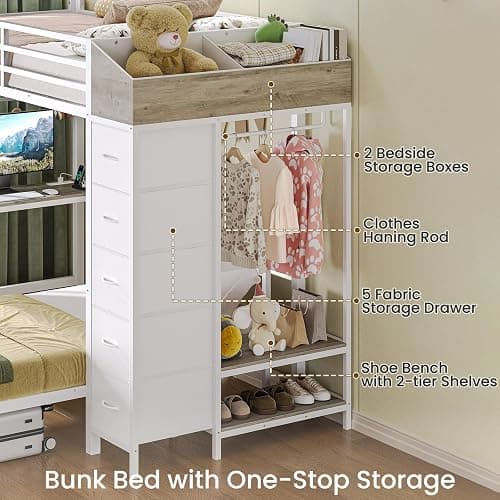 Bunk Bed Twin Over Twin with Desk, LED Lights and Hall Tree, L-Shaped Bunk Bed with Charging Station, 5 Storage Drawers, Twin Bunk Beds with 13.4"H Guardrail & Stairs, No Box Spring Needed, White thumbnail 3