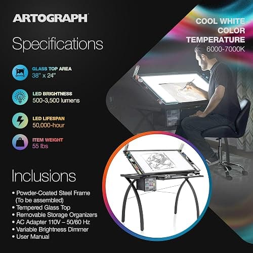 Artograph Futura Light Tracing Table for Artists with Storage and Adjustable, Dimmable Glass Work Top thumbnail 5