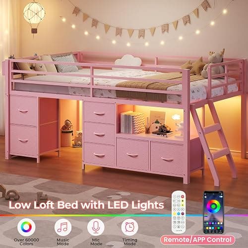 ADORNEVE Low Loft Bed Twin Size with 7 Storage Drawers, Bookcase and LED Lights, Metal Kids Loft Bed with 14" H Safety Guardrail,Inclined Ladder and Play Curtain, Under-Bed Play Space,Pink thumbnail 6