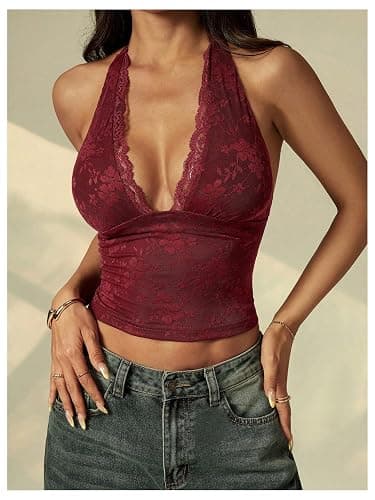 BEAUDRM Women's Y2k Going Out Tops Floral Lace Deep V Neck Halter Tops Tie Backless Sleeveless Party Club Outfits thumbnail 5