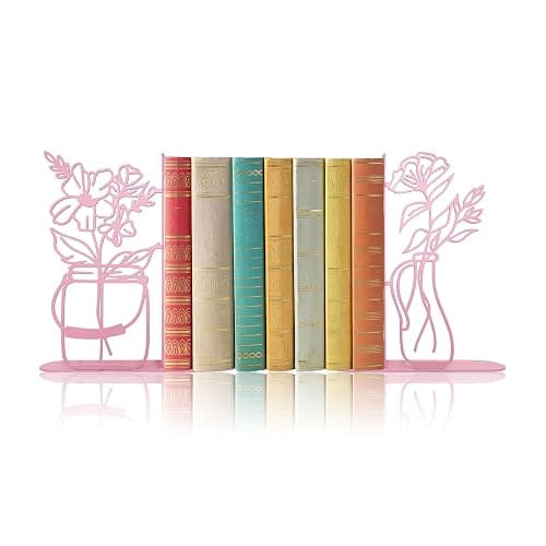 Metal Flower Vase Bookends, Cute Book Ends for Office Home Decor Decorative BookEnds for Shelves, Ideal Gift for Book Lovers(Pink) - Image 1