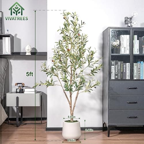 VIVATREES Olive Trees Artificial Indoor, 5FT Tall Faux Olive Tree with White Tall Planter, Artificial Plants with Natural Wood Trunk and Lifelike Fruits for Home Office Decor thumbnail 2