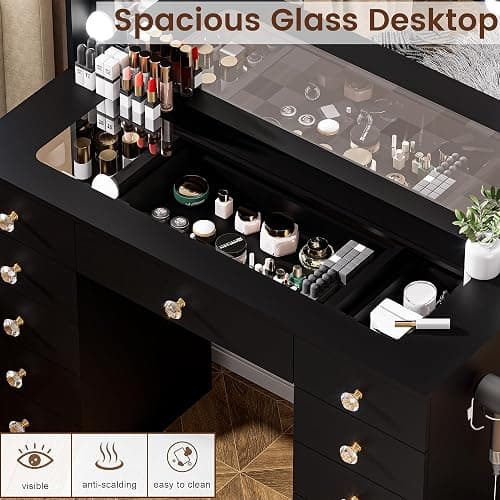 DINGIPP 43.3" Vanity with Large Mirror and 10 LED Lights, Vanity Desk with Glasstop, 11 Drawers with Crystal Handles, Dressing Table with Power Outlet as Gift for Women, Girls (Black) thumbnail 6