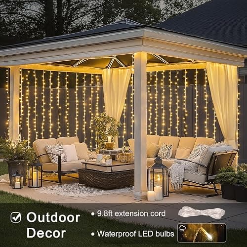 JMEXSUSS 300 LED Remote Control Christmas Curtain Lights, Plug in Fairy Curtain Lights Outdoor, Window Wall Hanging String Lights for Bedroom Backdrop Wedding Party Indoor Patio Xmas Decor, Warm White thumbnail 9