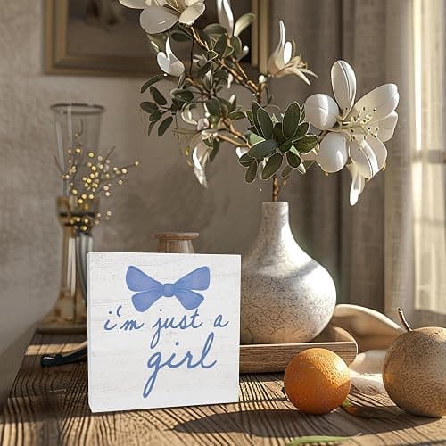 CUANFDDSF Trendy Blue Bow Coquette Room Decor Wooden Box Sign, Coquette Party Decor, Girls Room i’m Just a Girl Girly Bowknot Signs for Home Dorm Wall Desk Shelf Tabletop Decoration 5X5In thumbnail 4