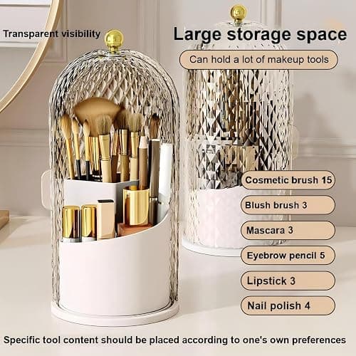 RONGZHIERK Makeup Brush Holder with Lid，Makeup Brush Storage Box with Diamond Pattern，360 Rotating Waterproof and Dustproof Beauty Brushes Storage for Vanity Bathroom,White thumbnail 5