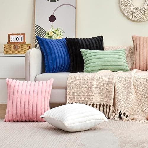 GriNeed Throw Pillow Covers Decorative Faux Fur Set of 2 18x18 Inch Pillow Covers, Soft Cream White Striped Pillowcases for Couch Sofa Bed Living Room, Fluffy Cute Home Boho Accent Fuzzy Decor thumbnail 4