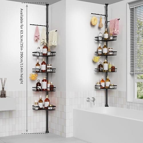 ZUNTO Tension Pole Shower Caddy with 2 Towel Holder and Hooks for Bathroom, Adjustable 25in-114in Floor to Ceiling Shower Organizer, Standing 4 Tier Corner Shelves for Storage and Hanging, Matte Black thumbnail 6