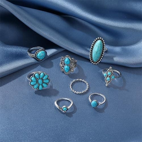 Bohemian Turquoise Ring Set for Women,Vintage Western Rings Chunky Turquoise Opal Stackable Knuckle Ring Set Punk Midi Finger Ring Pack Boho thumbnail 5