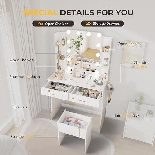 Otterease Vanity Desk with LED Lighted Mirror, Makeup Vanity with 3 Adjustable Lights, 2 Large Drawers and 4 Open Shelves, White Vanity with Storage Stool for Bedroom thumbnail 7