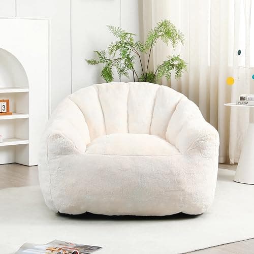 mikibama 41.4" Bean Bag Chair with Arms,Comfy Faux Fur Boneless Beanbag Chairs for Adults and Kids, Channel Tufted Lazy Floor Sofa Chair for Living Room Apartment,Bedroom Dorm(Beige) - Image 1