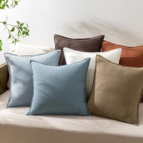 Woaboy 24x24 Inch Set of 2 Decorative Linen Solid Throw Pillow Covers Boho Accent Farmhouse Couch Pillowcases Modern Netural Euro Home Decor for Couch Sofa Living Room Bed,Light Blue thumbnail 4