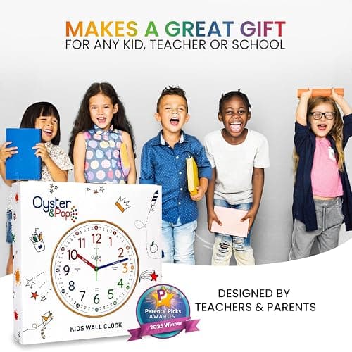 Oyster&Pop Kids Learning Wall Clock - Silent Non-Ticking Analog 10 Inch Teaching Clock for Classrooms & Bedrooms - Makes Telling Time Easy for Kids thumbnail 6