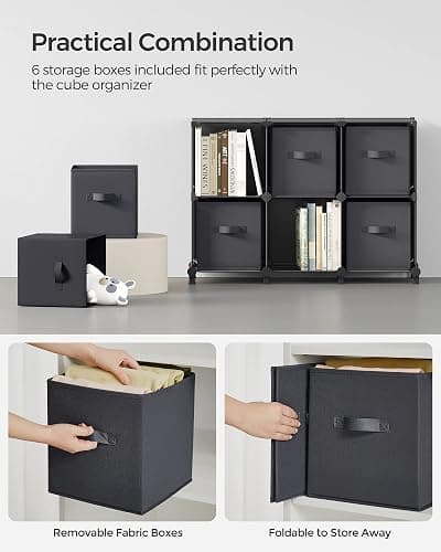 SONGMICS Cube Storage Organizer with Storage Boxes, 6-Cube Organizer, 6 Collapsible Non-Woven Fabric Bins, Customizable, Space-Saving, Living Room, Ink Black and Dove Gray ULPC062B01 thumbnail 4