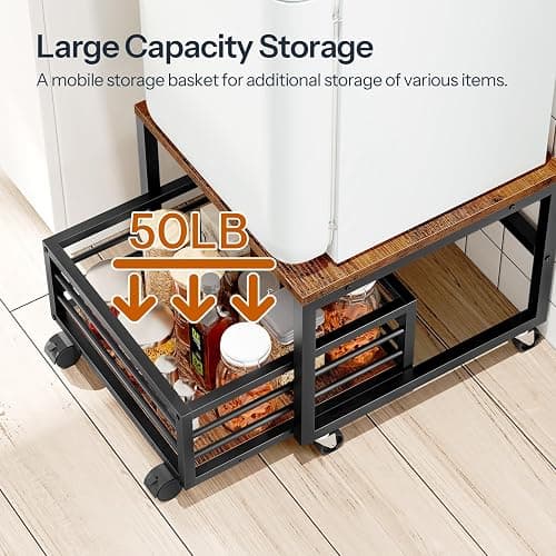 HOOBRO End Table, Mini Fridge Stand with Storage, Mini Fridge Table with Wheels and Adjustable Feet, Sturdy Metal Frame, for Living Room, Bedroom, Office, Rustic Brown and Black BF155TL01 thumbnail 7
