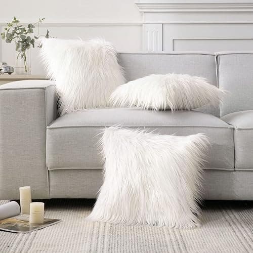 Phantoscope Pack of 2 Faux Fur Solid Throw Decorative Pillow Cover Cushion Covers Luxury Soft Halloween Decorative Pillowcase Fuzzy Pillow Covers for Bed/Couch, Cream White 18 x 18 Inches thumbnail 2