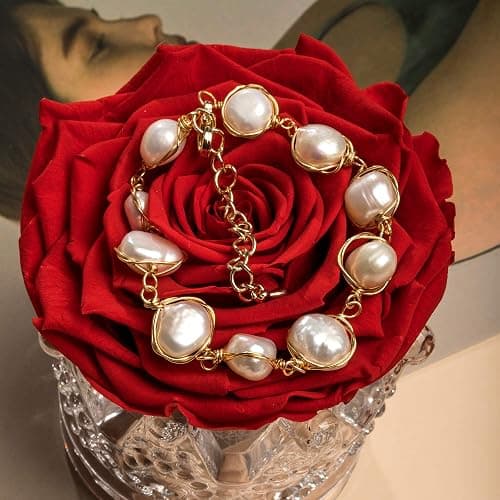 Cowlyn Pearl Bracelet Baroque Cultured Pearl Link, 14K Gold Plated Beaded Link Chain Charm Bracelets for Women Handmade Jewelry thumbnail 6