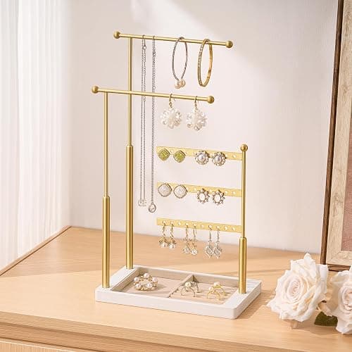 pickpiff Jewelry Organizer Holder Stand: 3 Tier Jewelry Storage Display for Necklace, Bracelet, Earring, Ring, White & Gold thumbnail 7