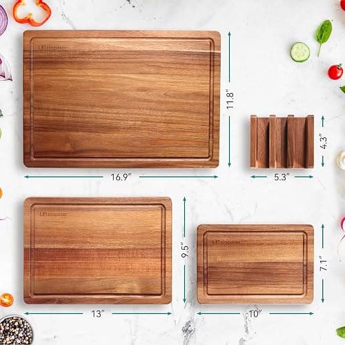 Acacia Wood Cutting Board，Solid Wood Cutting Board for Kitchen with Holder with Deep Juice Grooves & Built-in Handles, Durable Wooden Chopping Board Set of 3 for Meat, Vegetables and Fruits thumbnail 2
