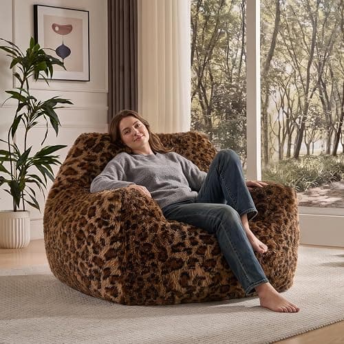 Leopard Print Faux Fur Bean Bag Chair with Armrests, Ultra-Soft Fluffy Sofa for Bedroom Living Room, Foam Filled Floor Chair (Cheetah Print Brown) thumbnail 3